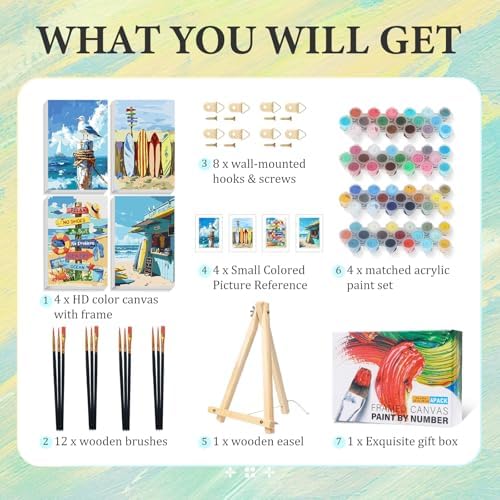 4 Pack Paint by Numbers Kit for Adults with Frame, Beach DIY Painting Kit
