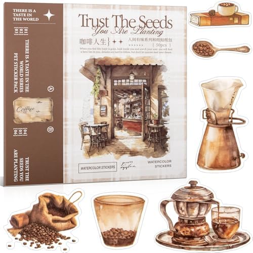 Coffee Themes Sticker Scrapbooking Supplies for Junk Journal, 50 Sheets Washi Stickers - Vintage Journaling Stickers, Ephemera Sticker Book Pre Cut(TZ-005-008)