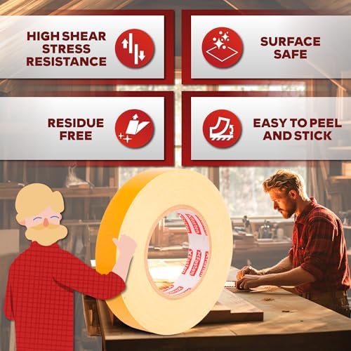 XFasten Double Sided Woodworking Tape 4 Inches x 90 Feet, Residue-Free and Removable Double Sided Wood Mounting Boards, Masking Tape for Wood Template, MDF, Metal, Edge Banding, Routing, Anchoring