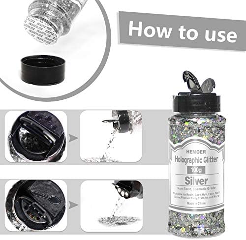 HEMOER Silver Glitter, 100g/3.5oz Holographic Chunky Glitter Mixed Hexagon Chunky & Fine Flakes Iridescent Sequins for Epoxy Crafts, Resin, Nail Body, Tumblers, Party Decoration