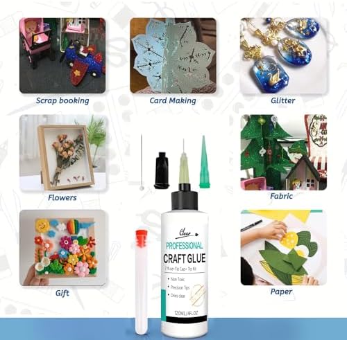 Craft Glue & Precision Tips, Craft Glue Bottles with Fine Tip, Quick Dry Clear, Strong Tacky Glues, Fabric Adhesive Permanent for Paper Crafting Scrapbooking/Etc (4.2oz)