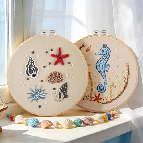 Beach Embroidery Kits for Beginners Adults, Coastal Hand Embroidery Set Needlepoint Kits, Stamped Cross Stitch Kits for Beginners Adults, 2 Embroidery Hoops, Fabric, Thread (Attached Video Tutorial)