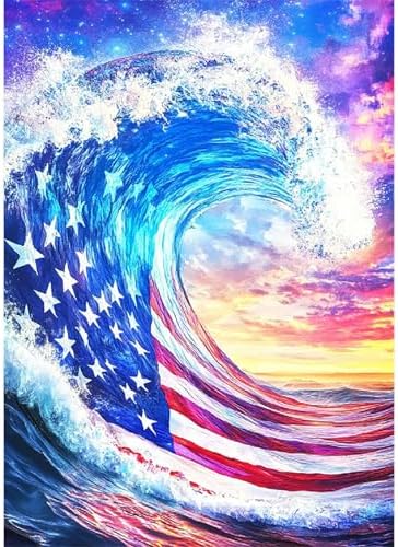 MVVMTOP 4th of July Diamond Painting Kit for Adults, Patriotic Independence Day Decor with American Flag and Wave, 5D Full Drill Round Diamond Art Kit, DIY Crystal Rhinestone Embroidery Painting