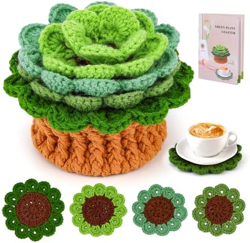 LUNARM Crochet Kit for Beginners, Crochet Start Green Plant Coasters Kits