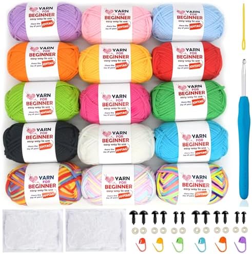 Crochet Kit - 15x50g Cotton Yarn - Bright Mix - Easy-to-See Stitches - Beginner Friendly
