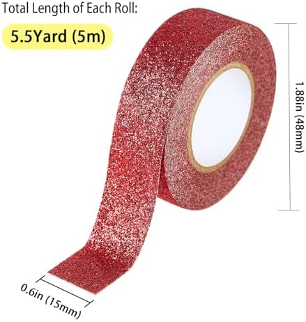 Red Glitter Washi Tape 2 Rolls, Sparkle Decorative Tape for DIY Crafts Scrapbooking Journaling, Sticky Colored Masking Tapes for Art, Wall Decor Gift Wrapping (0.6in x 11Yard)