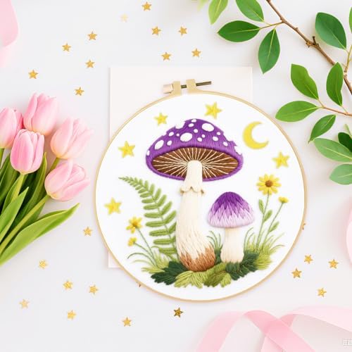 ORIGACH 5 Pack Mushroom & Plants Embroidery Kits for Beginners DIY Starter Hand Embroidery Kit with Floral and Plants Patterns and Instructions for Adults Women Crafting