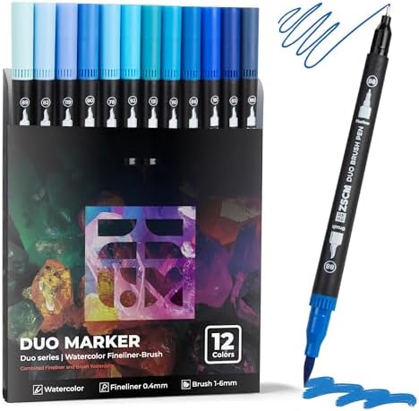 Blue Duo Tip Marker Pens, 12 Fine & Brush Tip Pen For Adult Coloring Books
