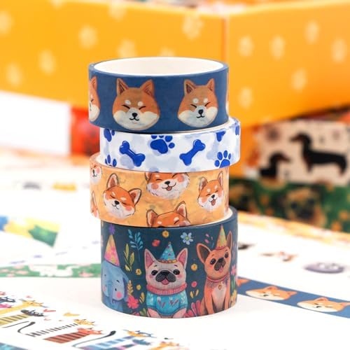 Washi Tape Set 14 Rolls, Cute Animal Decorative Tape, Cats Puppies Pugs Designs Washi Tapes for Scrapbooking Supplies, Journaling Supplies, Crafts