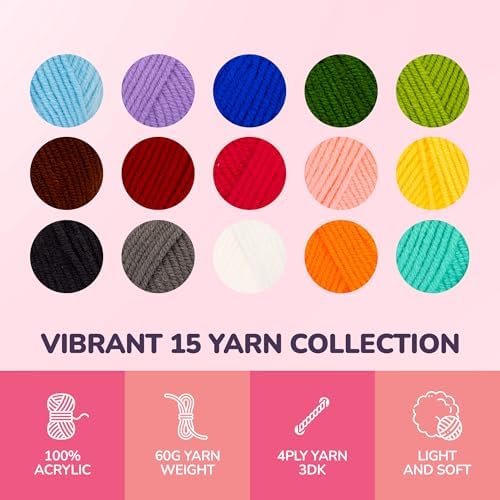 YammiAmi 2,550 Yards Beginner Crochet Kit for Adults - 15 Large Single Color Yarn Skeins - 49 Pc Amigurumi Crochet Kit for Starters - Learn to Crochet with Instruction Book - Accessories Set