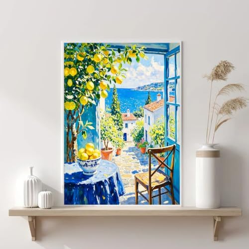 VeGuude Diamond Art Lemons Kits for Adults, Full Drill Italy Coast Wall ArtDiamond Painting Kits for Beginners, DIY Full Rhinestone 5D Diamond dots (Gemstone Craft), Home Wall Decoration (12x16 inch)