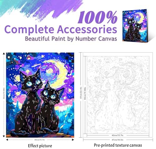 Yunnuo Paint by Numbers Kit for Adults Beginner,Two Black Cats Paint by Numbers, Starry Night Cat Number Painting Suitable for Home Wall Decoration and Gifts (16x20 Inch)