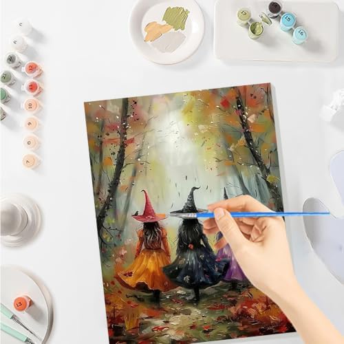 SENQAO Witch Paint by Numbers Kit for Adults Beginner, Fall Adult Paint by Number Kits on Canvas, DIY Acrylic Oil Easy Painting by Numbers for Home Wall Decor 8X12 inch (Fall Forest Witch)