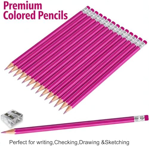 Adhere 25pcs Checking Pencils Erasable colored Pencils Pre-Sharpened #2 HB,for Checking Tests Grading,Map Coloring, editing Office Favors,including a Free sharpener. (Peony Red)