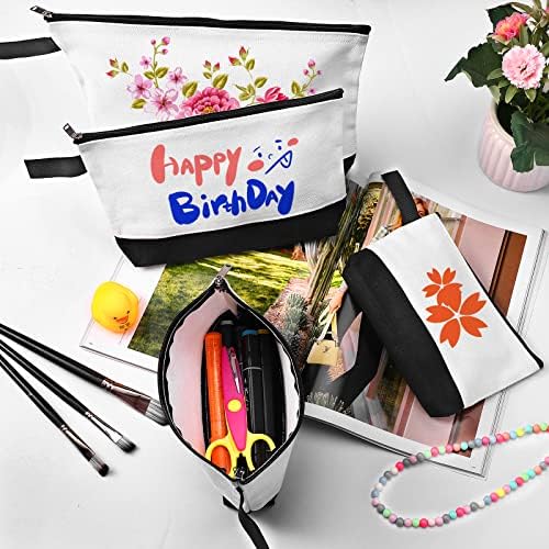 10 Pieces Cotton Canvas Makeup Bag with Bottom and Strap, Multi-Purpose Cosmetic Bag with Zipper Travel Toiletry Pouch, Blank DIY Craft Bag (White&Black, S)