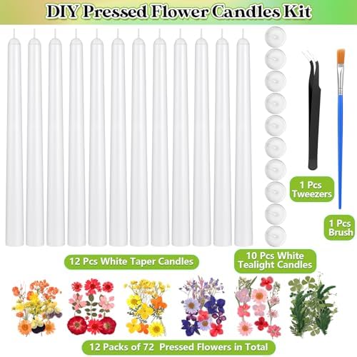 MTLEE 30 Pack Pressed Flower Candles Making Kit 6 Set Dried Pressed Flowers 12 White Taper 10 White Tealight Candles with Tweezers Brush for DIY Crafts Birthday Wedding Party Favors