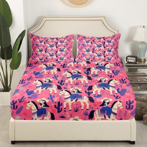 Manfei Cartoon Cowgirl Sheet Set Cactus Desert Plant Bedding Set Boho Style Western Horse Bed Sheets Teens Room Decor Navy Blue Pink (King Flat & Fitted Sheet with 2 Pillow Case)