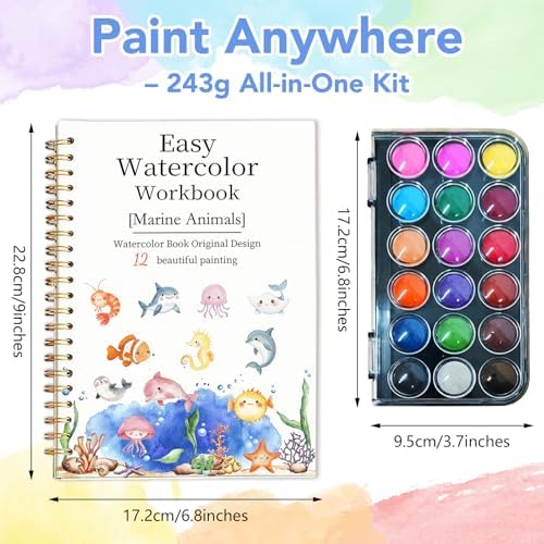 Easy Watercolor Workbook for Beginners - 12 Beautiful Step-by-Step Paintings Water Coloring Book, Includes 18 Colors Paints, Relaxing Art Projects and Creative Gift for Adults & Teen (Marine Animals)