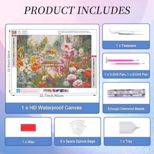 Diamond Art Kits for Adults, Garden Diamond Painting Kit, 12 x 16 Inch