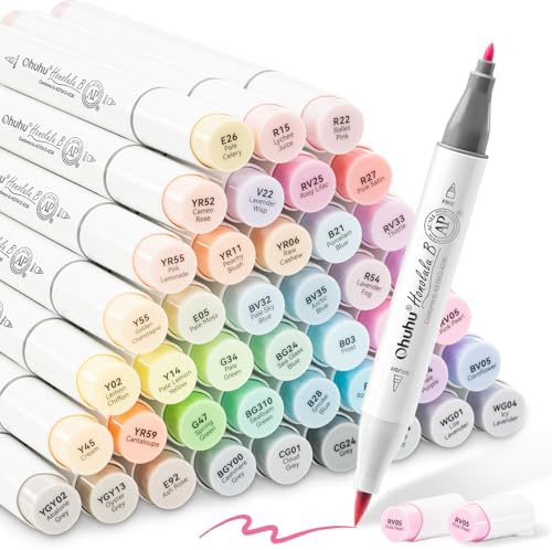 Ohuhu Alcohol Markers 48 Pastel Colors Brush& Fine Sweetness for Coloring