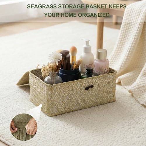 Nonam Wicker Storage Basket with Lid,Seagrass Shelf Basket Set of 3,White