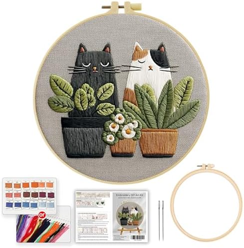 Cute Cat, Plants Patterns Embroidery Kits for Beginners,Adults Starter Cross Stitch Kit with Funny Animal Pattern,DIY Needlepoint Everything is Fine,Step by Step Instructions and Video Tutorial