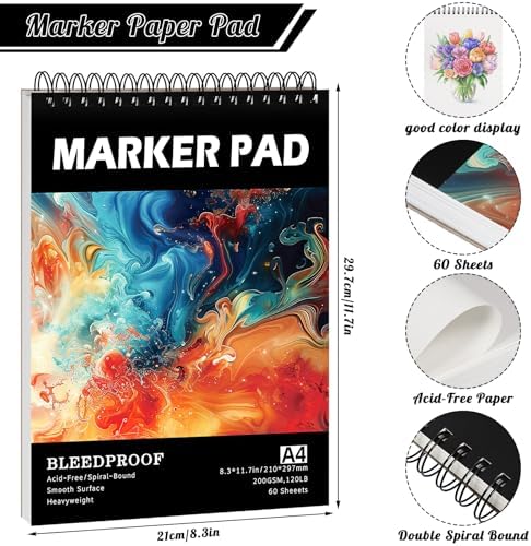 120lb/200gsm Marker Paper Pad 8.3 × 11.7in, 60 Sheets, Spiral Sketchbook
