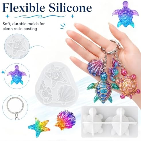 3 Pack Turtle Resin Mold Set, Ocean Animal Silicone Molds for Epoxy Resin, Mini Sea Turtle, Starfish, Seahorse and Shell Casting Molds with 10 Keychain Rings for DIY Craft Decor