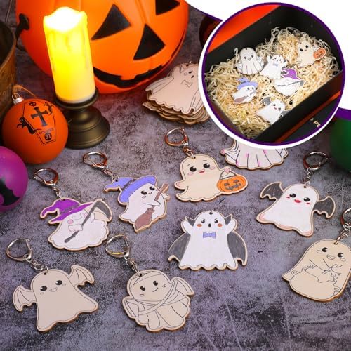 Trnayi 36 Pcs Halloween Ghost Wood Keychain Color Your Own DIY Craft | Halloween Ghost Wooden Keychain, Color Your Own Unfinished Craft, Blank Wood Painting DIY Craft, for Halloween Art Project