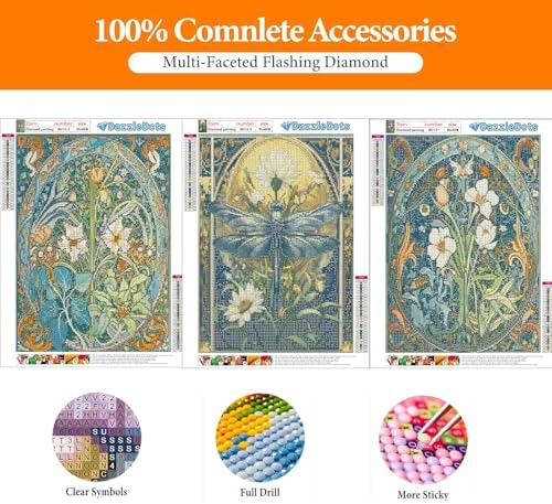 DAZZLEDOTS Diamond Art Kits for Adults, 3Pcs Floral Dragonfly Diamond Painting Kits for Beginner DIY 5D Full Drill Diamond Dots Crafts for Home Wall Decor Gifts 12x16 Inch