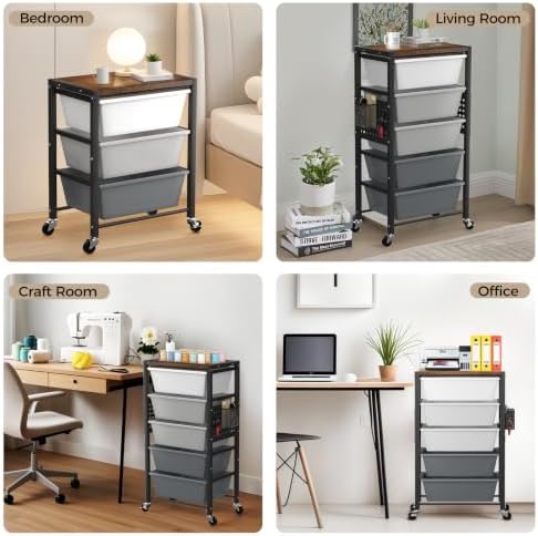 Rolling Cart with 5 Drawers, Plastic Drawer Storage Carts with Wheels & Wooden Tabletop, Metal Utility Cart with Pegboards, Office Living Room Classroom Craft Organization and Storage, Dark Grey