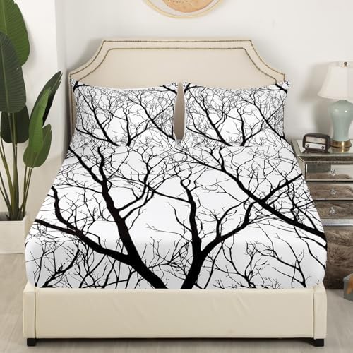 Manfei Tree Branch Sheet Set Rustic Style Plant Bedding Set Trees Abstract Bed Sheets Teens Room Decor Gray White Black (Twin Flat & Fitted Sheet with 1 Pillow Case)