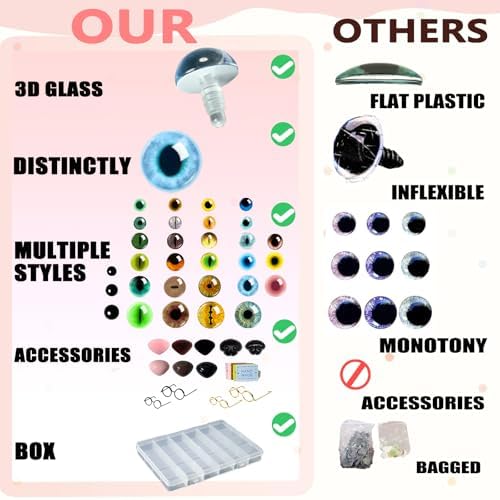 CSCHENGO 8-20mm 253 PCS Amigurum Safety Eyes for Crochet Animals, 3D Glitter Glass Eyes for Crafts Kit with Noses/Glasses/Leather Tags,Doll Crochet DIY Crafts Stuffed Animals Making Supplies