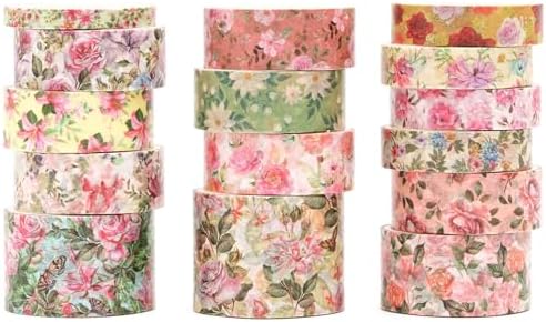 Floral Washi Tape Set - 15 Rolls Flowers Arts Adhesive Tapes Garden Blooms Decorative Masking Tape Sets for Craft, Kids, Scrapbook, DIY, Gift Wrloapping (6-Vintage Floral)