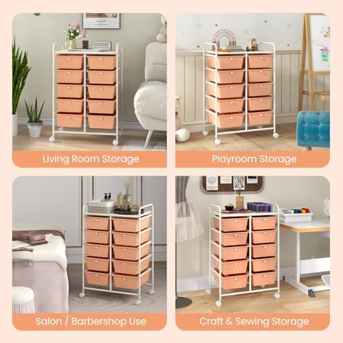 Giantex 10 Drawers Rolling Cart, Classroom Organizers, Storage Cart with Wheels, for Teacher Office Home School Supplies Tool Craft Art Paper, Peach Fuzz