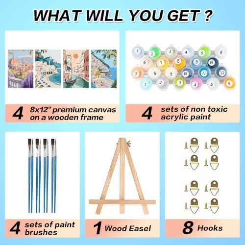 4 Pack Framed Scenery Paint by Numbers Kits for Adults with Easel (8x12in)