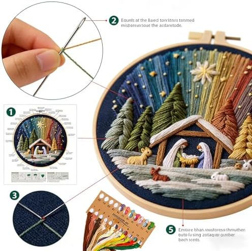 BoAn DIY Embroidery Kit for Adults, Nativity Cross Stitch Craft with Hoop