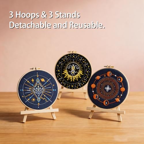 Qupace 3 Pcs Beginner Celestial Constellation Embroidery Kit, Pre-Printed Starry Moon Planet Hand Embroidery Set with Bamboo Hoop, DIY Boho Cosmic Craft Supplies for Adult Wall Decor & Gift