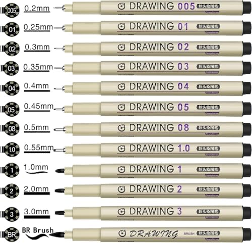 Drawing Pens Micro Fineliner Art Pens: 12 Black Fine Line Markers Art Supplies Adults Artist Sketch Waterproof Archival Ink Watercolor Inking Fine Liner Manga Sketching Zentangle Stuff Micron Pen Set