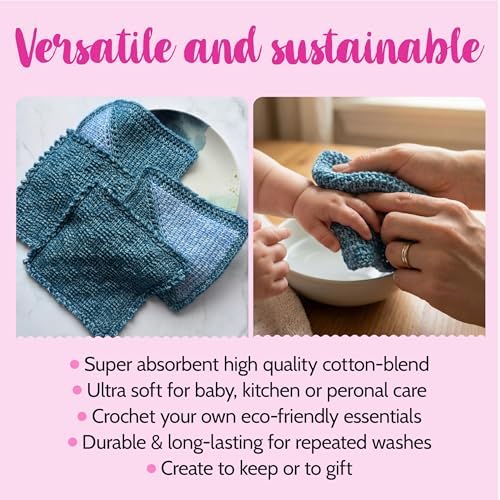 KnitPal Tunisian Crochet Dishcloth Kit for Beginners - Jean Blue + Sky Blue