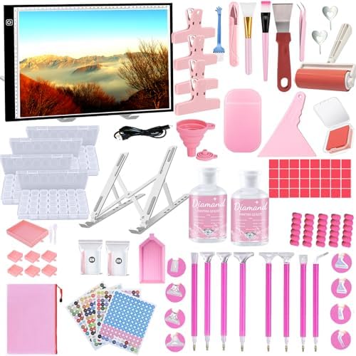 NLXCXUCY 244Pcs Diamond Art Accessories Kit All-Inclusive Diamond Painting Tool Set with A3 Diamond Painting Light Pad,Diamond Art Sealer Glue, Diamond Correction Pens, Storage Box for DIY Craft
