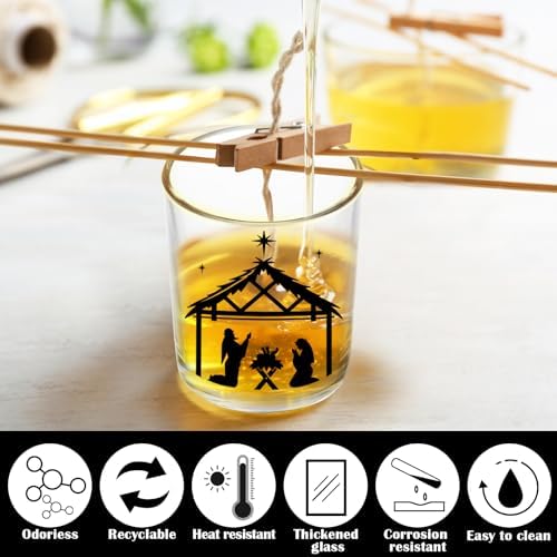 Ziliny 10 Pcs Christmas Glass Candle Jars Empty Containers Bulk 7 oz Glass Jars with Cork Lids Tins for Candle Making Storing Biscuits Tea Party Favors(Nativity)