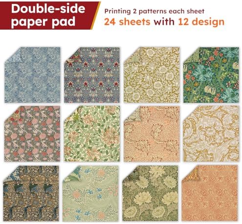 12 x 12in Vintage Flowers Scrapbook Paper Pad,24 Sheets Colorful Artistic Pattern Aesthetics Print Floral DIY Crafts Collage for Photo Album Journals Card Folded Gift Wrapping Material