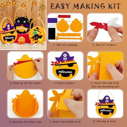 6 Set DIY Trick or Treat Bag Kit, Make Your Own Halloween Candy Bags Goodie Bags, Felt Craft with Stickers for Kids Halloween Party Favors