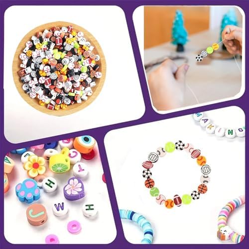 1000PCS Polymer Clay Beads for Bracelet Making, 24 Style Sports Charms incl. Baseball Basketball Soccer Football Rugby Volleyball, DIY Jewelry Making Supplies Kit