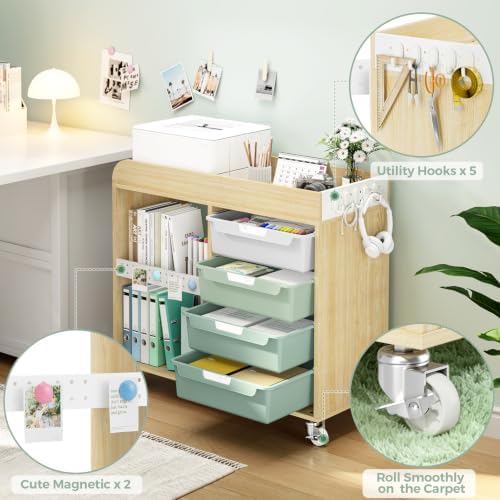 SYKIARIOL Craft Organizers and Art Supply Storage, Art Cart, Mint Green | Rolling Cart with 4 Drawers & Metal Pegboard, 5 Hooks, Cute Macaron Color Magnets for Craft Room, Office, Classroom