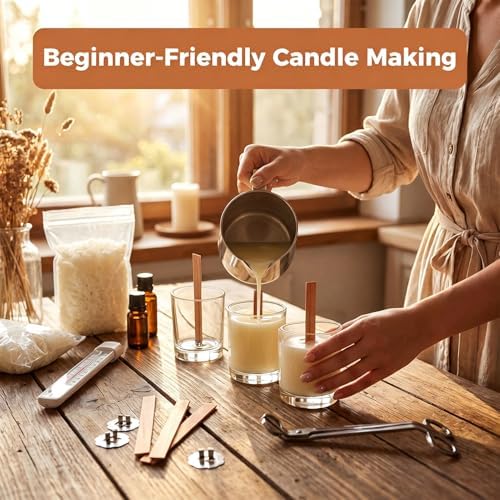 150Pcs Wooden Candle Wicks Kit, 100 Cotton and 50 Cherry Wood Wicks, DIY Candle Making Kit for Soy and Beeswax, Include Complete Tools (Wick Holders, Wick Clips, Wick Stickers)