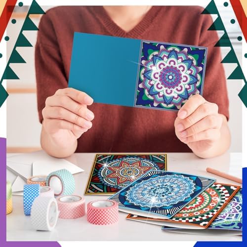 Saillong 12 Pack Mandala Diamond Painting Greeting Card Kits DIY Diamond Art Cards with Envelopes Flower 5D Rhinestones Painting Kits for Adults DIY Crafts Family Friend Birthday Gifts