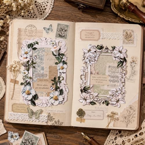 40Pcs Scrapbook Supplies Decor Papers, Floral Frames Junk Journal Supply
