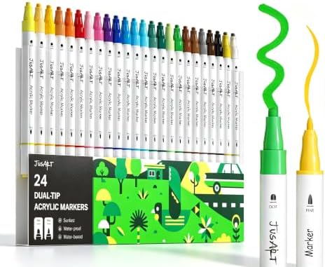 JusArt Acrylic Paint Markers 24 Colors, Dual Tip Art Supplies for Rock